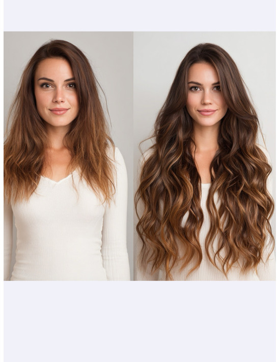 Avant/après avec extension adhésive 60 cm monobande, effet longueur et volume