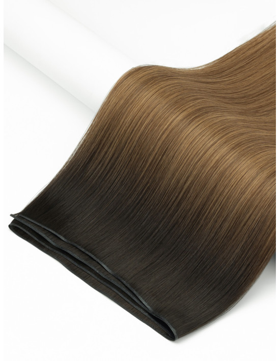 avant après avec tissage russe ombré châtain foncé 50cm apportant densité