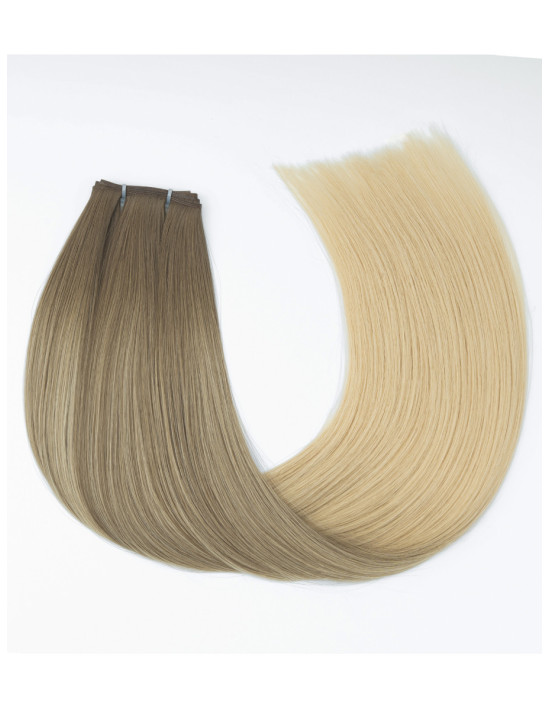 Russische Genius-Weft-Tressen im dunkelbraunen Ombré, 50 cm, auf welligem Haar