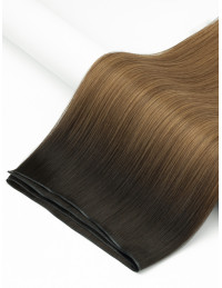 avant après avec tissage russe ombré châtain foncé 50cm apportant densité