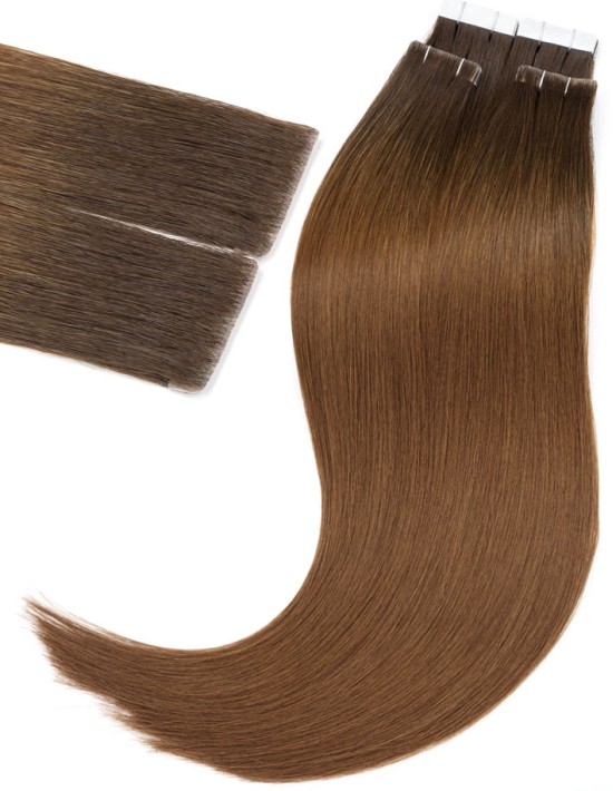 Extension Adhésive Injectée, cheveux naturels Ombré Brun foncé/noisette