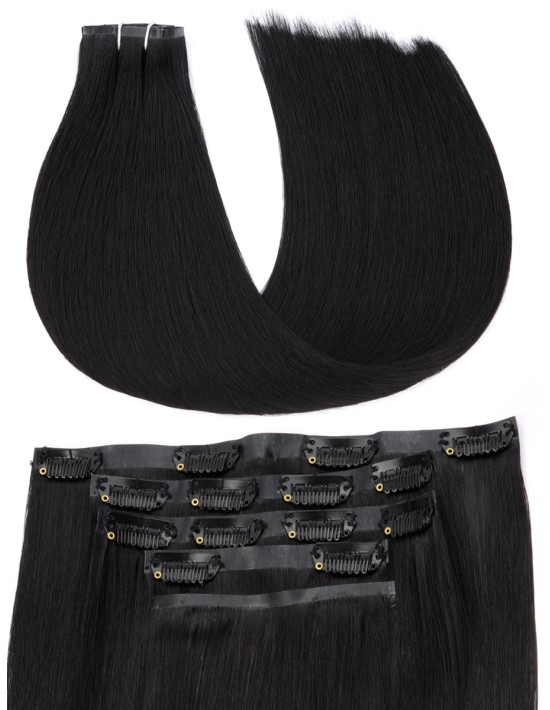 Echthaar Haar Clips Extensions Schwarz Seamless - Große Farbwahl