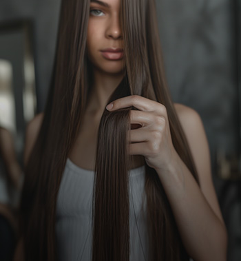 Jeune femme aux longs cheveux bruns lisses, tenant une mèche devant son visage pour en montrer la longueur et la brillance