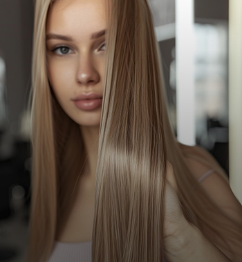 Junge Frau mit langem, glattem, hellblondem Haar, das glänzend und gepflegt aussieht