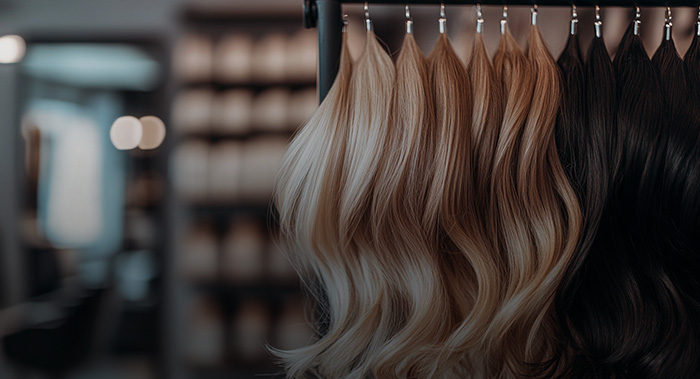 Gewellte Haarsträhnen in verschiedenen Farben hängen an einem Display in einem Friseursalon